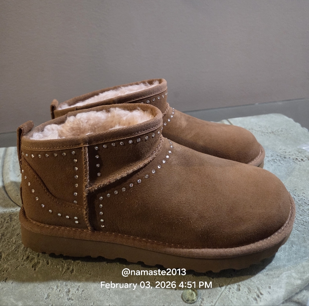 Ugg ULTRA MINI Bling Boots Suede Swarovski Suede Designer Fur Sheaeling #196 - Picture 5 of 16